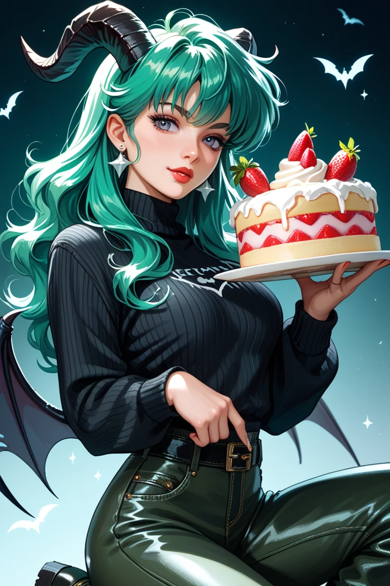 masterpiece, best quality, Maleficent holding a whole cake, 8k, White background,Solid color background,Woman holding cake, 8k, (Clear focus, Very detailed) Warren Tufts, Retro, deep cleavage