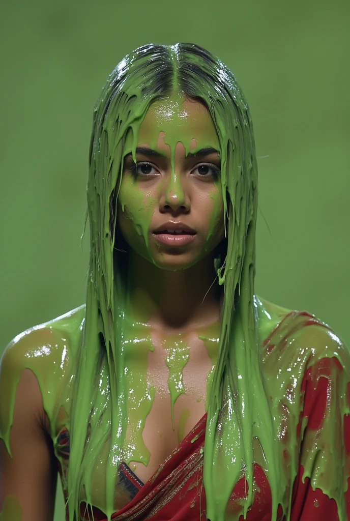 Portrait photograph of Indian woman covered in green slime. hyper-realistic style. 8k. Photorealistic. Glistening slime. Green slime. Dripping slime. Raw photo. Indian. (Indian girl: 1.1). F/1.4 aperture. 35mm. Wearing Indian saree. Cleavage. Wet. Messy hair. Slime on face. Gameshow. Dark skin. Brown skin.