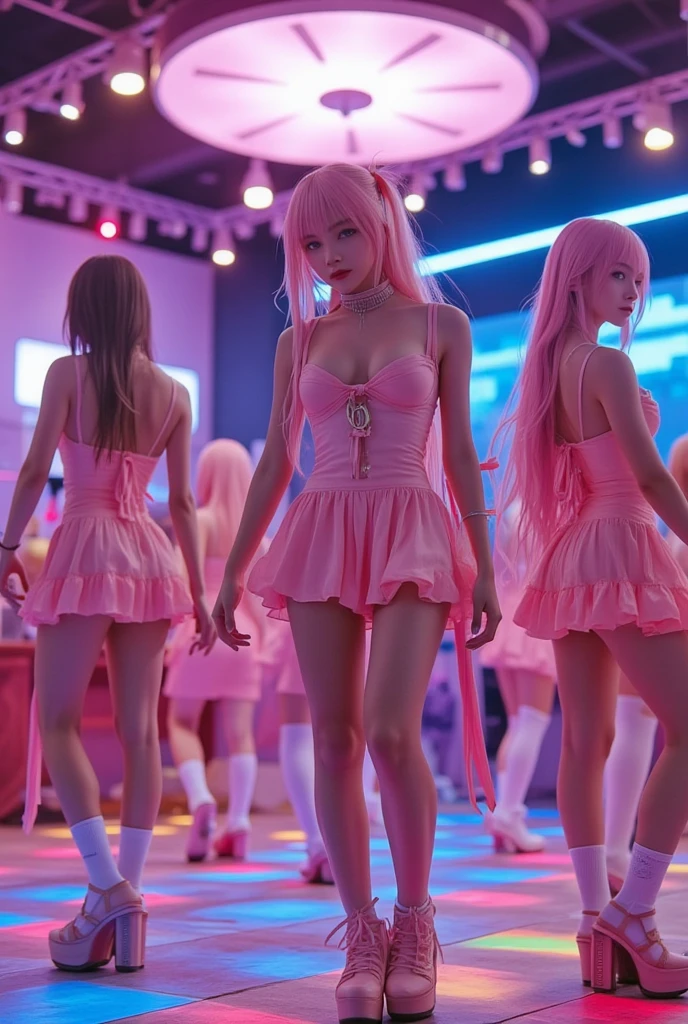 lolita,  A android robotic sex dolls permorm in a dance floor, wearing mini lolita dress and accessorized