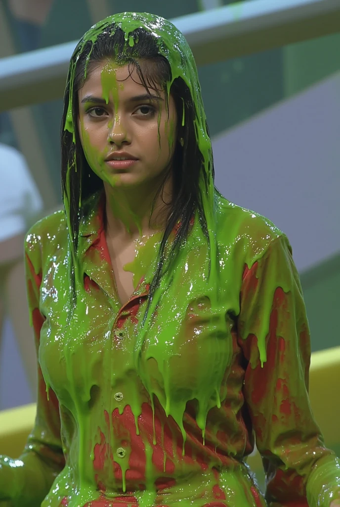 Portrait photograph of Indian woman covered in green slime. hyper-realistic style. 8k. Photorealistic. Glistening slime. Green slime. Dripping slime. Raw photo. Indian. (Indian girl: 1.1). F/1.4 aperture. 35mm. Wearing Indian saree. Cleavage. Wet. Messy hair. Slime on face. Gameshow. Dark skin. Brown skin.