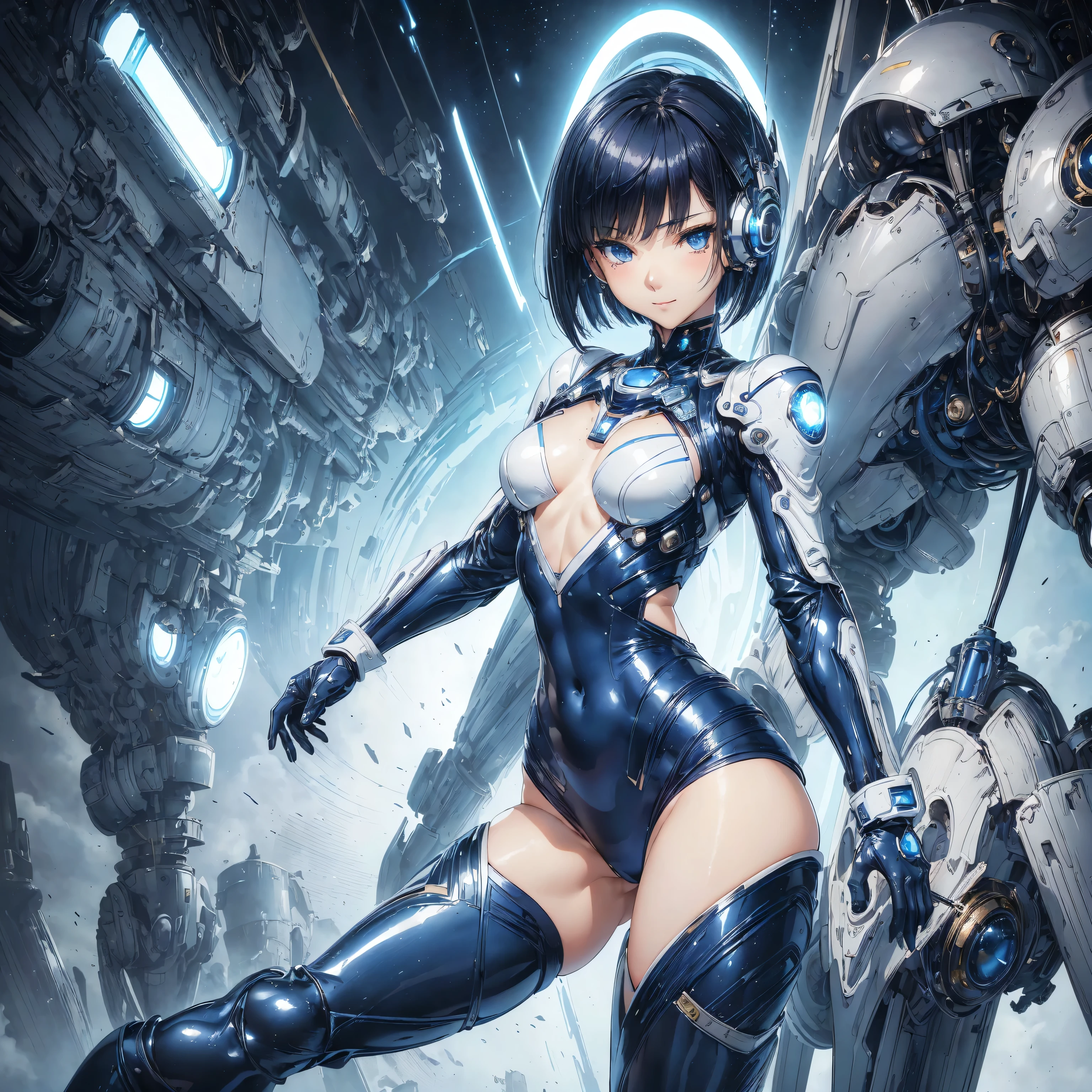 top-quality、masutepiece、4K、ighly detailed、A woman in a cyber suit riding a flying mecha almost collides with a high school boy
