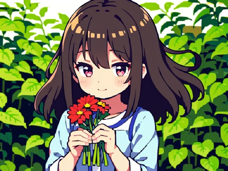 Shota girl, thick hair, detailed body, clothes, happy dress, face holding flowers 