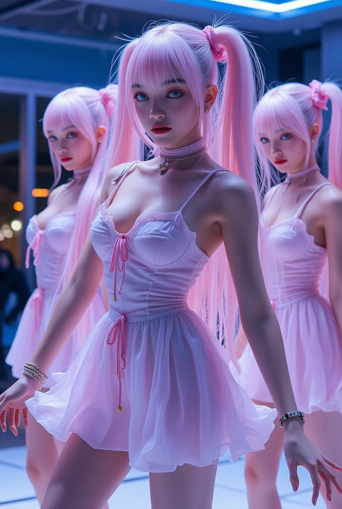 lolita,  A android robotic sex dolls perform in a dance floor, wearing mini lolita dress and accessorized