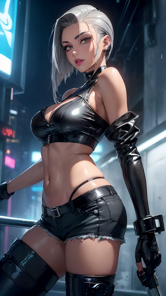 Masterpiece, high quality, 8k, ultra detailed, detailed face, huge breast, cleavage, standing, detail face, detail body, thigh, dark background, navel, swm1