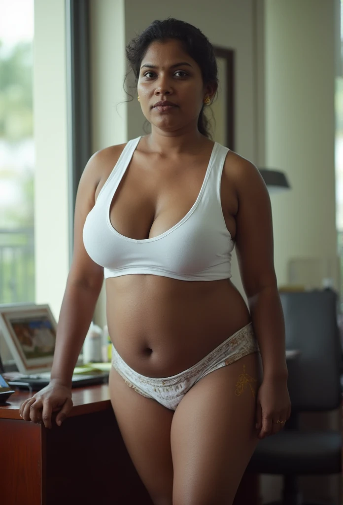 (((kerala hindu curvaceous chubby  black office aunty))), (((average waist, ))) , dark boss lady ,(((blue eyes))) ((((wide  bottle shape hips)))), ((((standing at office))), (((Half Body))), (((very dark skin))), (((age 30+))),  (((nude heavy thick thigh))),  aunty juicy figure, big wide hips , tiny waist, apple shape hips,(((full naked nude))), ((black skin dark body)), (((posing with one leg on the chair))), photorealistic, visible skin detail and pores, realism, Getty Images, RAW candid cinema, 16mm, colour graded portra 400 film, remarkable colour, ultra realistic, textured skin, remarkable detailed pupils, realistic dull skin noise, visible skin detail and pores, skin fuzz, dry skin, shot with cinematic,light leaks, RAW Image, DOF, depth of field,bokeh, secretary boss, sleek white wet shirt, vagina out