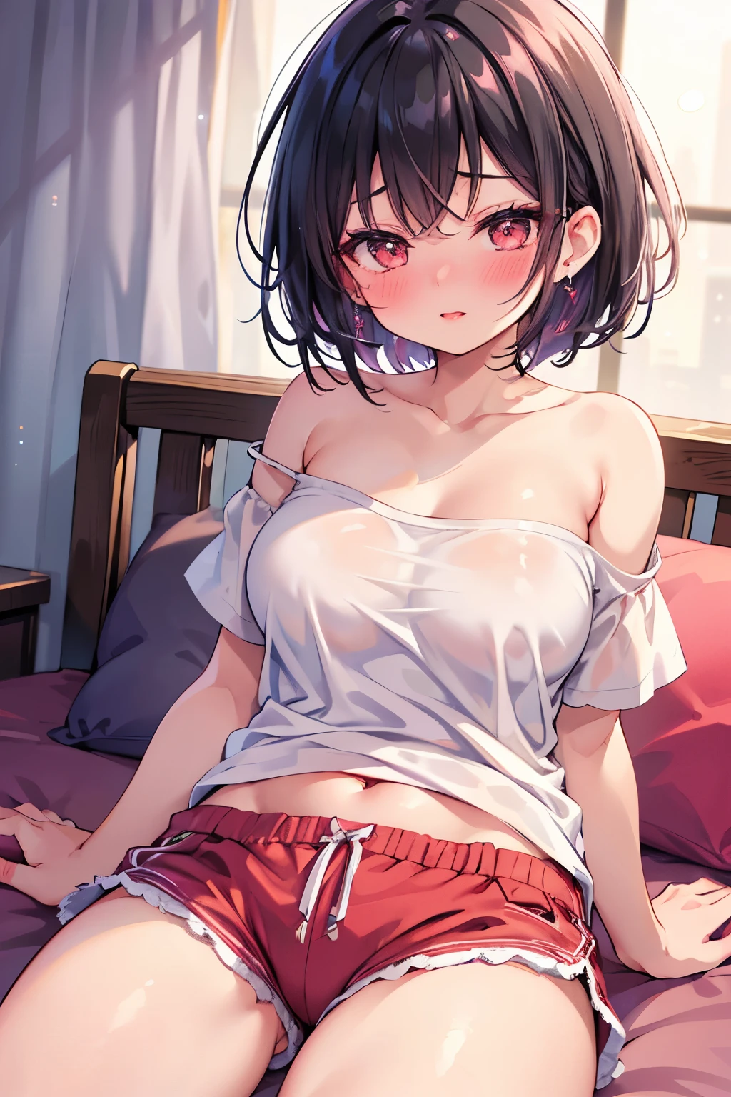 (beautiful girl), sixteen years, erotic, (slender:1.1), short black hair, red eyes, medium breasts, necklace, love hotel room, (ahegao scream:1.1), full nude, (sweat), nsfw, (Sex with a fat, ugly middle-aged man), on bed, spread legs