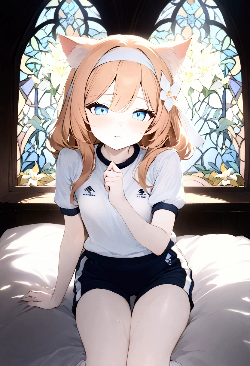 High image quality 、masterpiece、  High Quality   、Full HD、4K 、 view from below、Marie Iraki(blue archive)、 bright orange hair 、Cat ears、White flower hair ornament、 white headband 、 blue eyes、 slim、 flat chested、 Shy 、blush、 red cheeks 、Watery eyes、Gym clothes、 shorts、Take off your pants to the knee、Light blue panties、 flat chested、Lying in bed、Lie down、church、 stained glass 、Lily flower