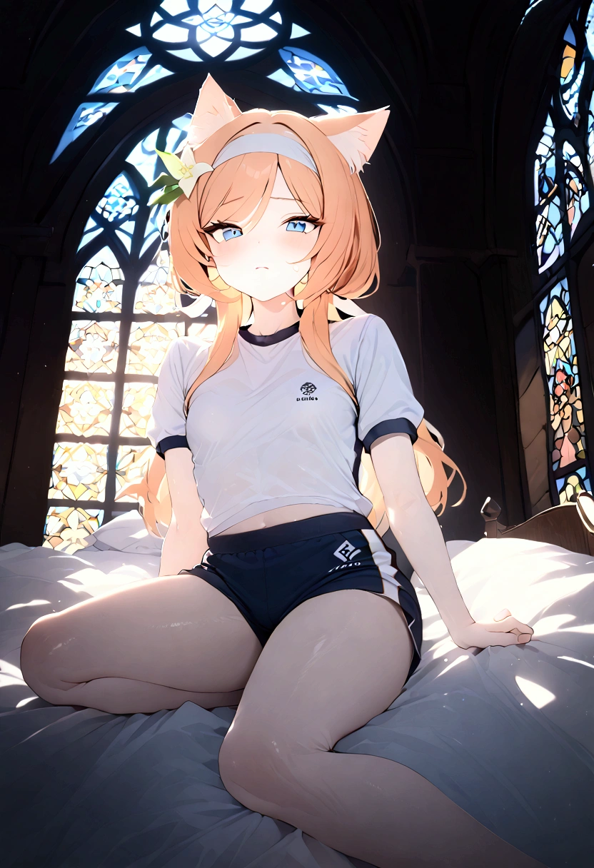 High image quality 、masterpiece、  High Quality   、Full HD、4K 、 view from below、Marie Iraki(blue archive)、 bright orange hair 、Cat ears、White flower hair ornament、 white headband 、 blue eyes、 slim、 flat chested、 Shy 、blush、 red cheeks 、Watery eyes、Gym clothes、 shorts、Take off your pants to the knee、Light blue panties、 flat chested、Lying in bed、Lie down、church、 stained glass 、Lily flower