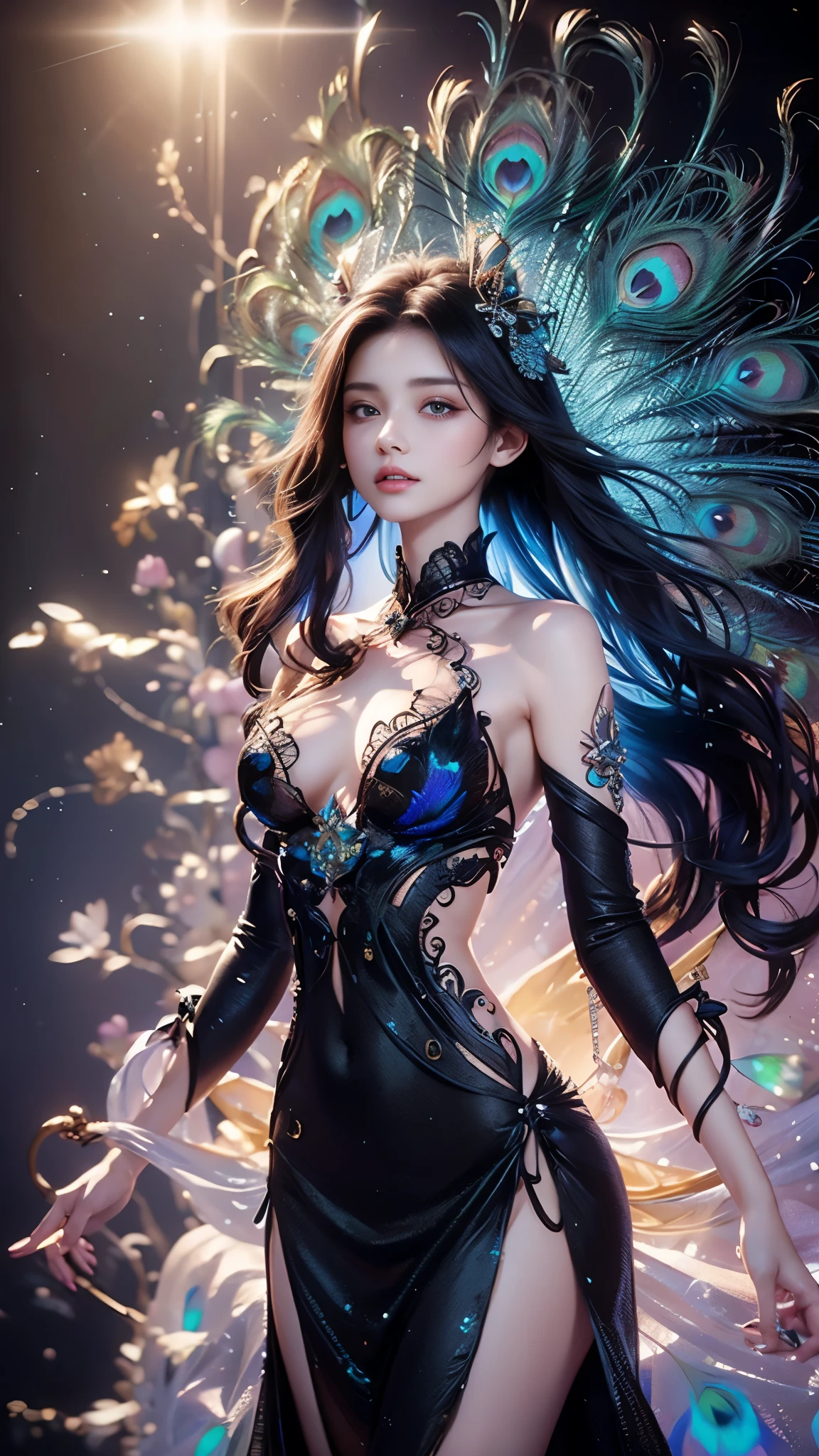 4K, UHD, masterpiece, 1 girl, ((good face)), detailed eyes, very long hair, ((small breasts)), ((peacock dress)), ((black dress)), ((strap dress)), ((black lace)), ((navel)), ((peacock wings)), ((ornaments)), butterfly, unreal creative art, ultra detailed, details, ultimate details, amazing magnificence, in the beautiful dargen, birds, Pedaipan style, glowing light, bloom, ray tracing, ((upper body)),