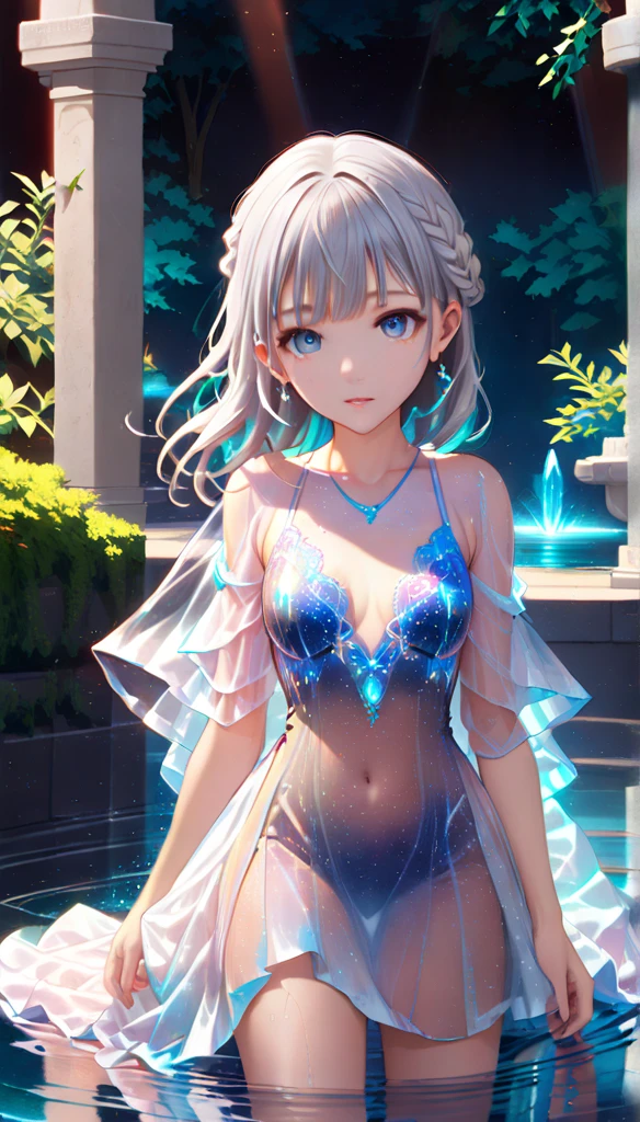 (masterpiece:1.5), ultra quality, 8K, high resolution, super fine illustration, depth of field, perfect anatomy, 
(1girl), solo, delicate beauty girl, (16years_old girl),
silver hair, extreme long hair, bangs, french braid, (floating hair:1.2), (fine detailed eyes), blue eyes,
beautiful face, small bast, slender, (from diagonal front), (cowboy shot), (looking at viewer), collarbone, creavege, navel,  skinny, sheet see-through ancient greek dress, (bioluminescent dress), (white dress), (revealing clothes:1.2), (crystallized dress:1.5), (sheer_fashion:1.8), (see-through:1.8), , (no lingerie), (no bottoms), (wet clothes), parted lips, jewelry, earrings, (fountain), deep forest, night, stars, moon, (partially submerged:1.5), (ripples),
(sacred atmosphere:1.5), light particle, 
(best shadow:1.2), (soft shadow), (beautiful shadow:1.3), 
(Prismatic light:1.4), (sparkling light), (beautiful light:1.2), (fantastical light:1.2),
(beautiful reflection:1.3), (prismatic reflection:1.4), (soft reflection), (natural reflection:1.4), 
(tyndall effect:1.5), 
(sense of depth:1.2),