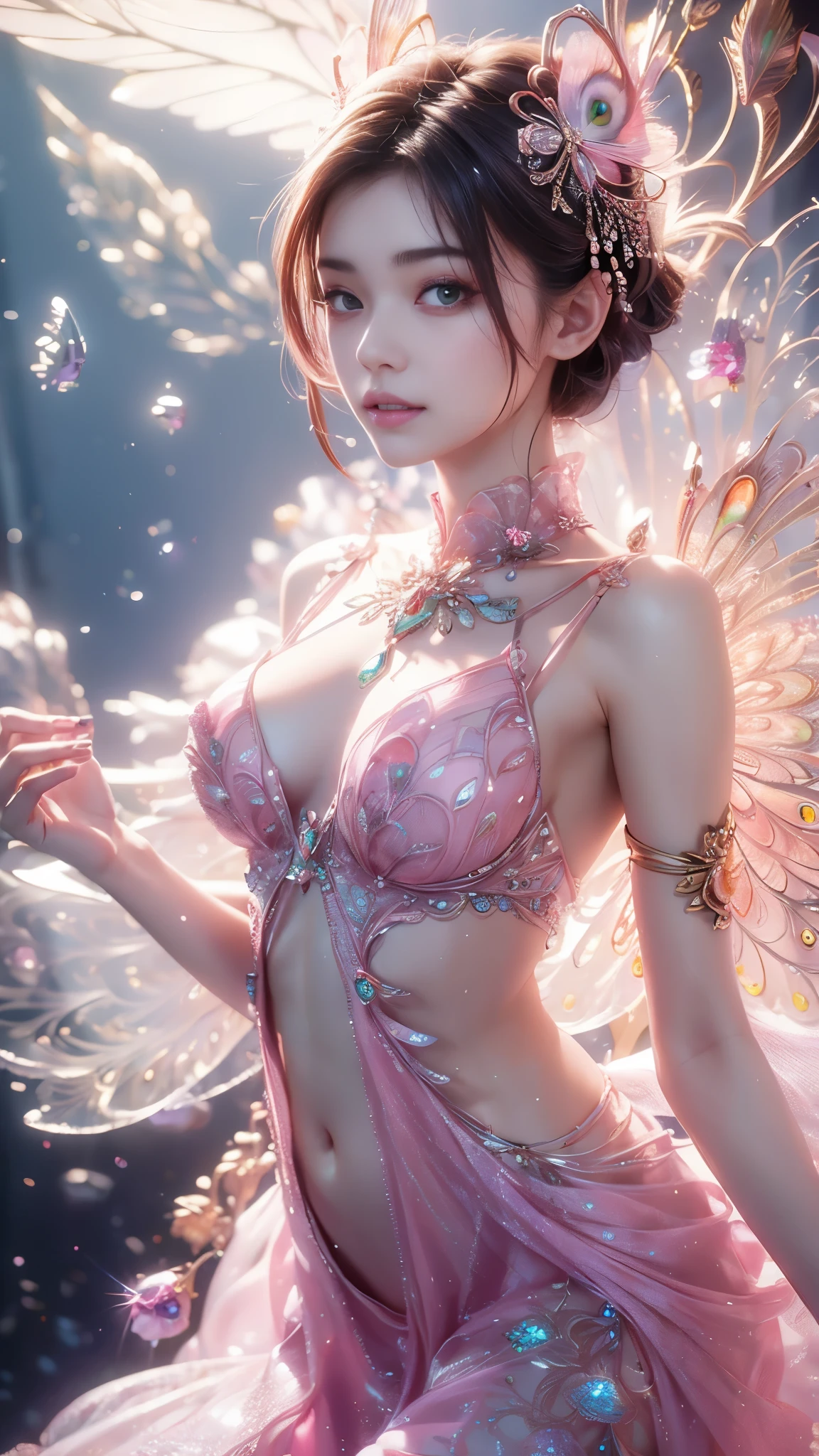 4K, UHD, masterpiece, 1 girl, ((good face)), detailed eyes, very long hair, ((small breasts)), ((peacock dress)), ((pink dress)), ((strap dress)), ((pink lace)), ((navel)), ((peacock wings)), ((ornaments)), butterfly, fantasy creative art, ultra detailed, details, ultimate details, amazing magnificence, in the beautiful dargen, birds, Pedaipan style, glowing light, bloom, ray tracing, ((upper body)),