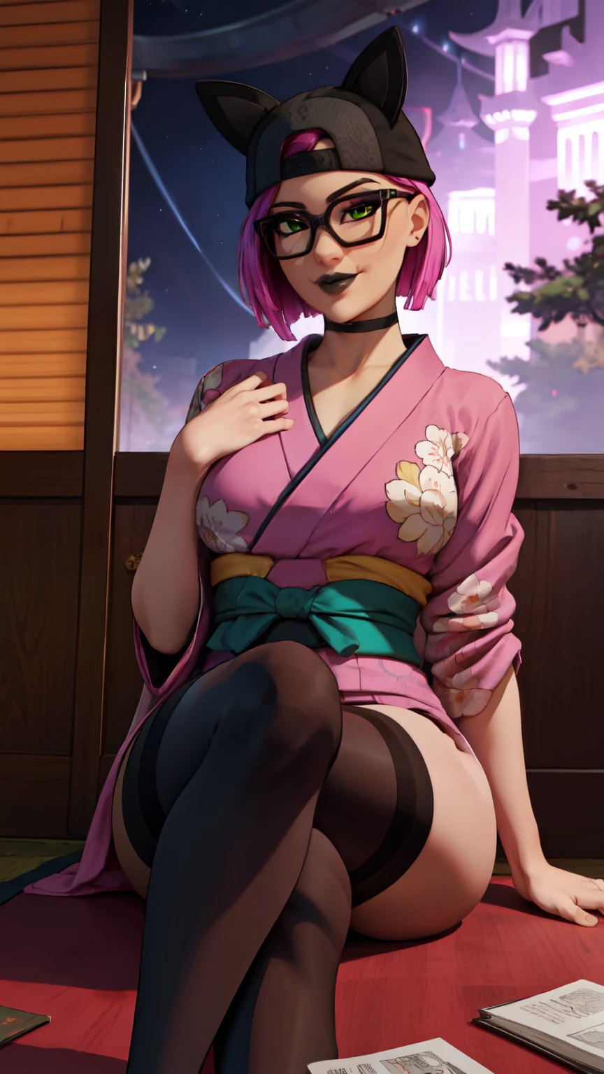 lince , Japanese yukata dress with big white stockings, pussy sex,Noche, gafas ,Extremadamente detallado, rostro detallado ,hermoso rostro, ojos finos, mirando al espectador, pose femenino.