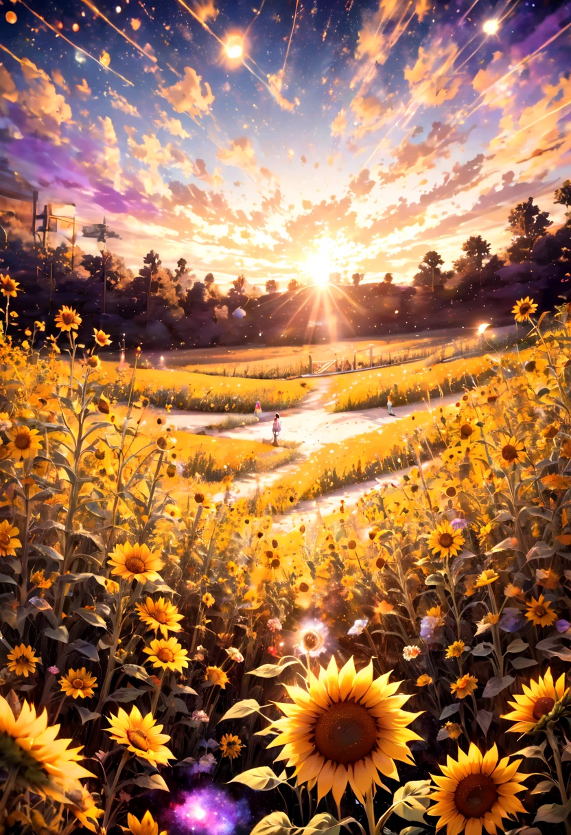 rabbit, sunflower, Sunflower fields all around, masterpiece, best quality, hyper detailed, insanely detailed, Full-HD, 16K, absurdres, gigantic scale, golden ratio, wide-angle lens, the galaxy, landscape, in the space, in the style of intricate, vibrant academia, pastel academia, soft surface, dreamy watercolor, splatter watercolor, from above, warm lighting, pinhole camera, deep focus, depth of field