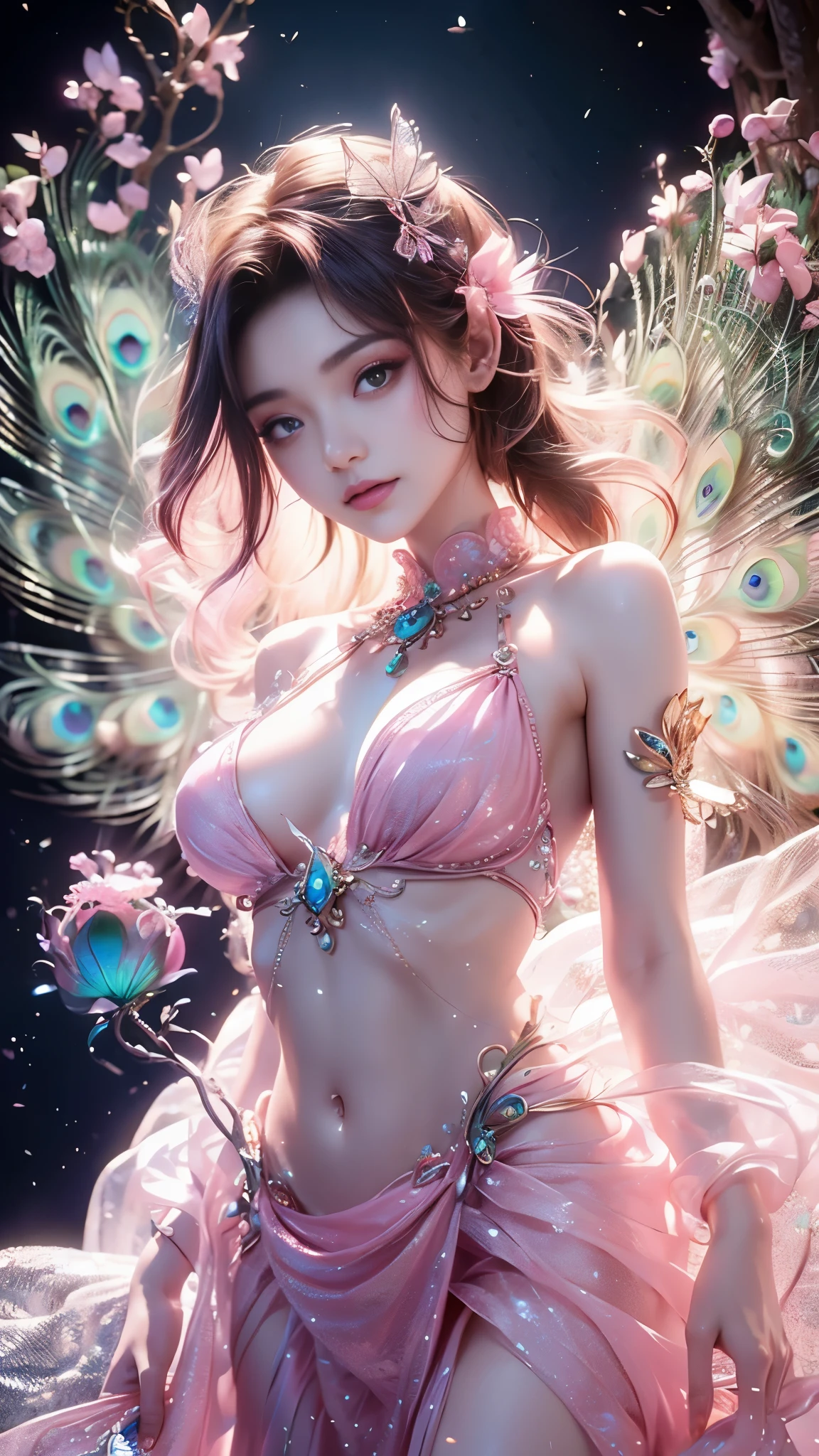 4K, UHD, masterpiece, 1 girl, ((good face)), detailed eyes, very long hair, ((small breasts)), ((peacock dress)), ((pink dress)), ((strap dress)), ((pink lace)), ((navel)), ((peacock wings)), ((ornaments)), butterfly, fantasy creative art, ultra detailed, details, ultimate details, amazing magnificence, in the beautiful dargen, birds, Pedaipan style, glowing light, bloom, ray tracing, ((upper body)),