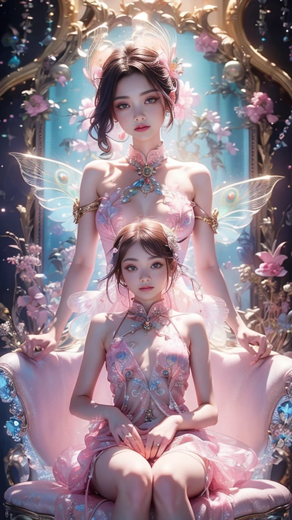 4K, UHD, masterpiece, 1 girl, ((good face)), detailed eyes, very long hair, ((small breasts)), ((peacock dress)), ((pink dress)), ((strap dress)), ((pink lace)), ((navel)), ((peacock wings)), ((ornaments)), butterfly, fantasy creative art, ultra detailed, details, ultimate details, amazing magnificence, in the beautiful dargen, birds, Pedaipan style, glowing light, bloom, ray tracing, ((upper body)), aitting on the chair,