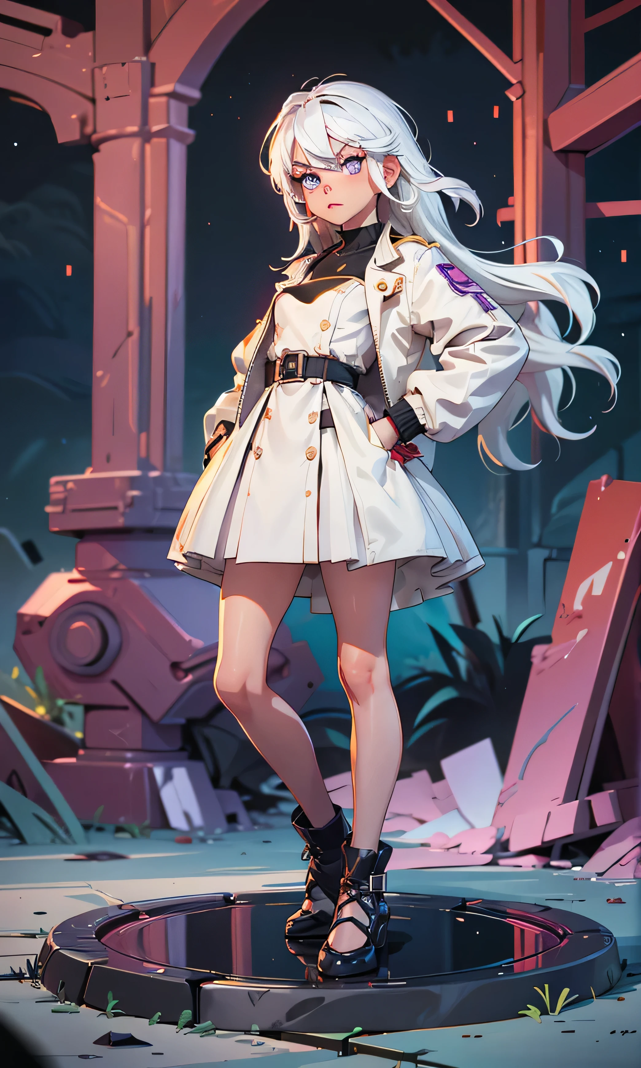 masterpiece, a girl, beautiful, adolescent, s, slim, Chiquita, head on, looking at the spectator, long hair , white hair, fringe, purple eyes, annoyed, arched eyebrows , cuerpo entero, small tits , cute legs, abdomen plano, very short dress , small white coat, black shoes, (((desnuda))), in a ruined castle, rain, dark sky,