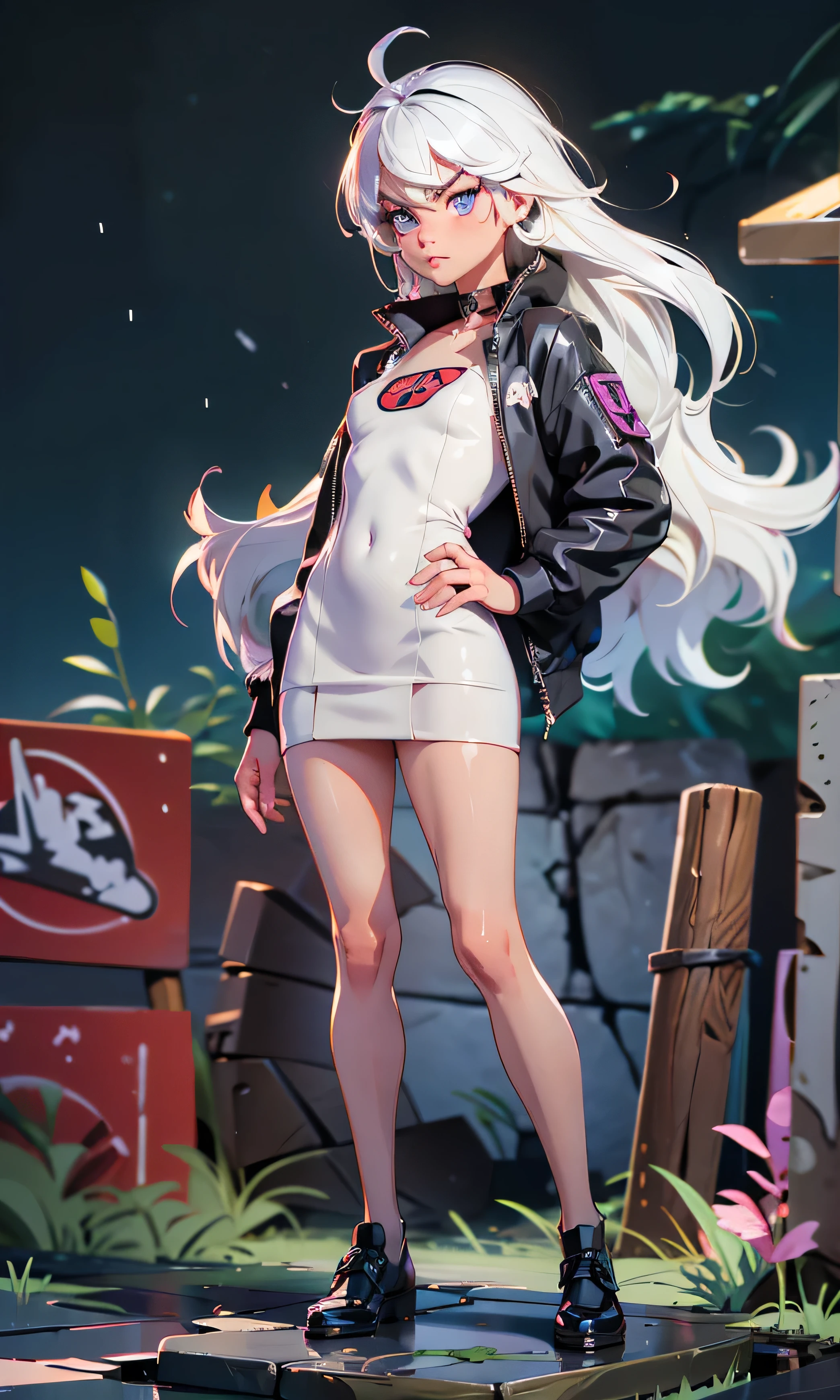 masterpiece, a girl, beautiful, adolescent, s, slim, Chiquita, head on, looking at the spectator, long hair , white hair, fringe, purple eyes, annoyed, arched eyebrows , cuerpo entero, small tits , cute legs, abdomen plano, very short dress , small white coat, black shoes, (((desnuda))), in a ruined castle, rain, dark sky,