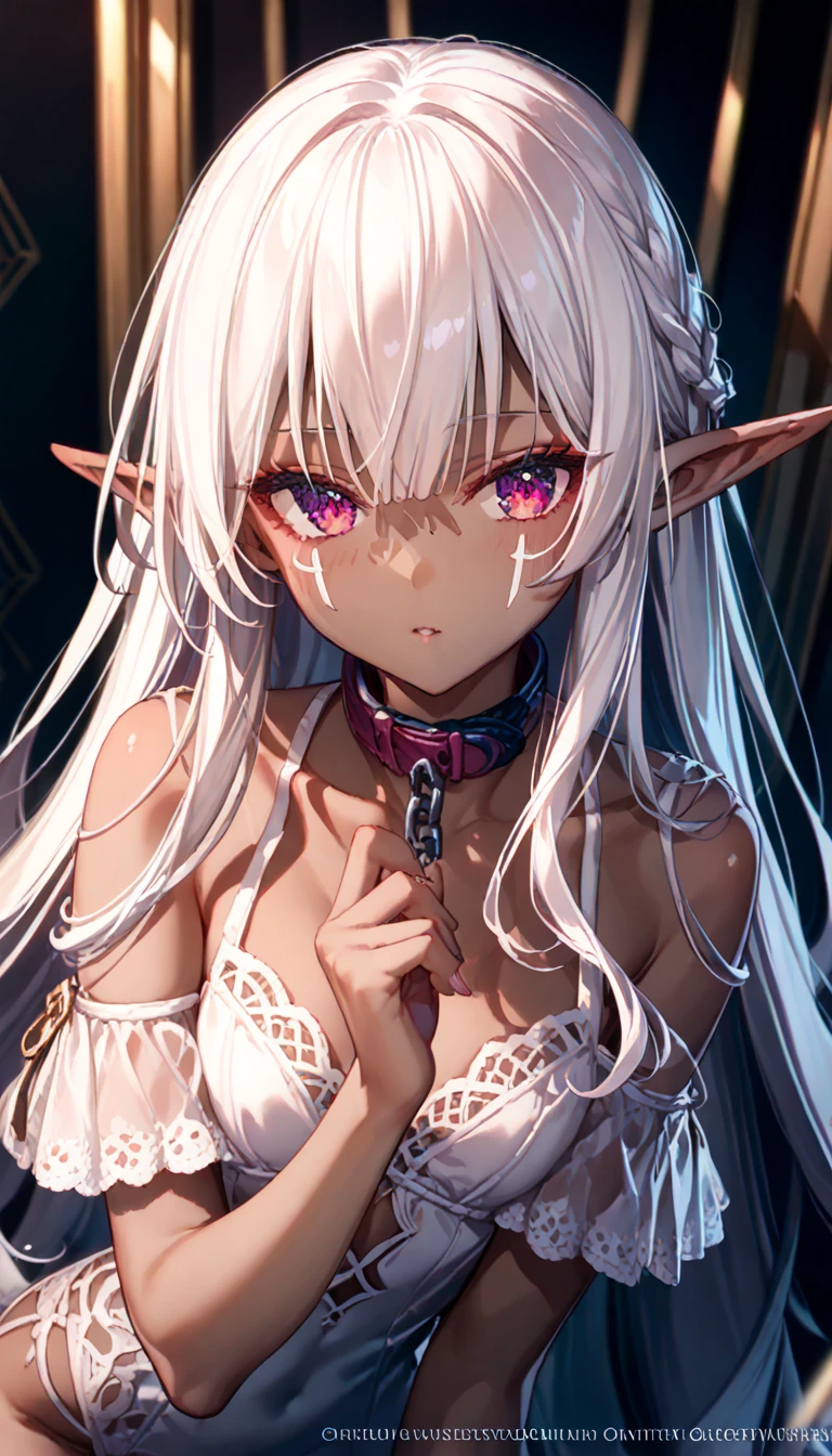 (masterpiece,  high quality ,  Best quality ,  official art ,  A beautiful and aesthetic :1.2), ((dark elf)), (( 1girl)),  extremely detailed ,  BREAK,  incredibly detailed face, Eye details, blunt bangs,  white hair, ( to the hair between the eyes ), eyelashes,  purple eyes , eye shadow, pink eye shadow, ( dark skin :1.2), stockings, Colorful, slave ,  collar, 