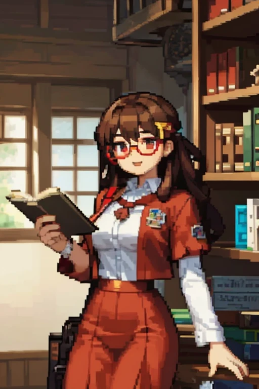  a woman with brown hair and red-colored glasses, wearing librarian clothes in a library 