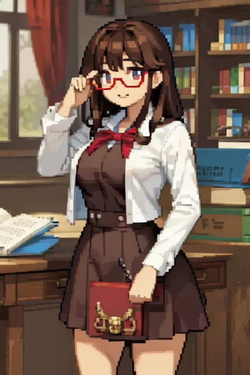  a woman with brown hair and red-colored glasses, wearing librarian clothes in a library 