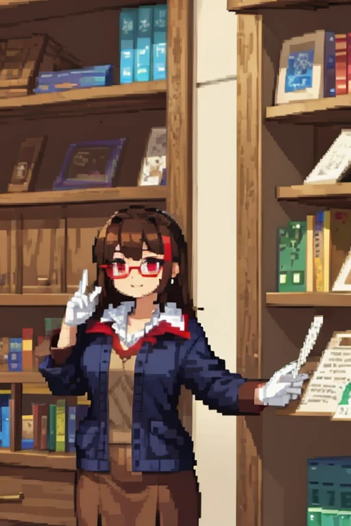  a woman with brown hair and red-colored glasses, wearing librarian clothes in a library 