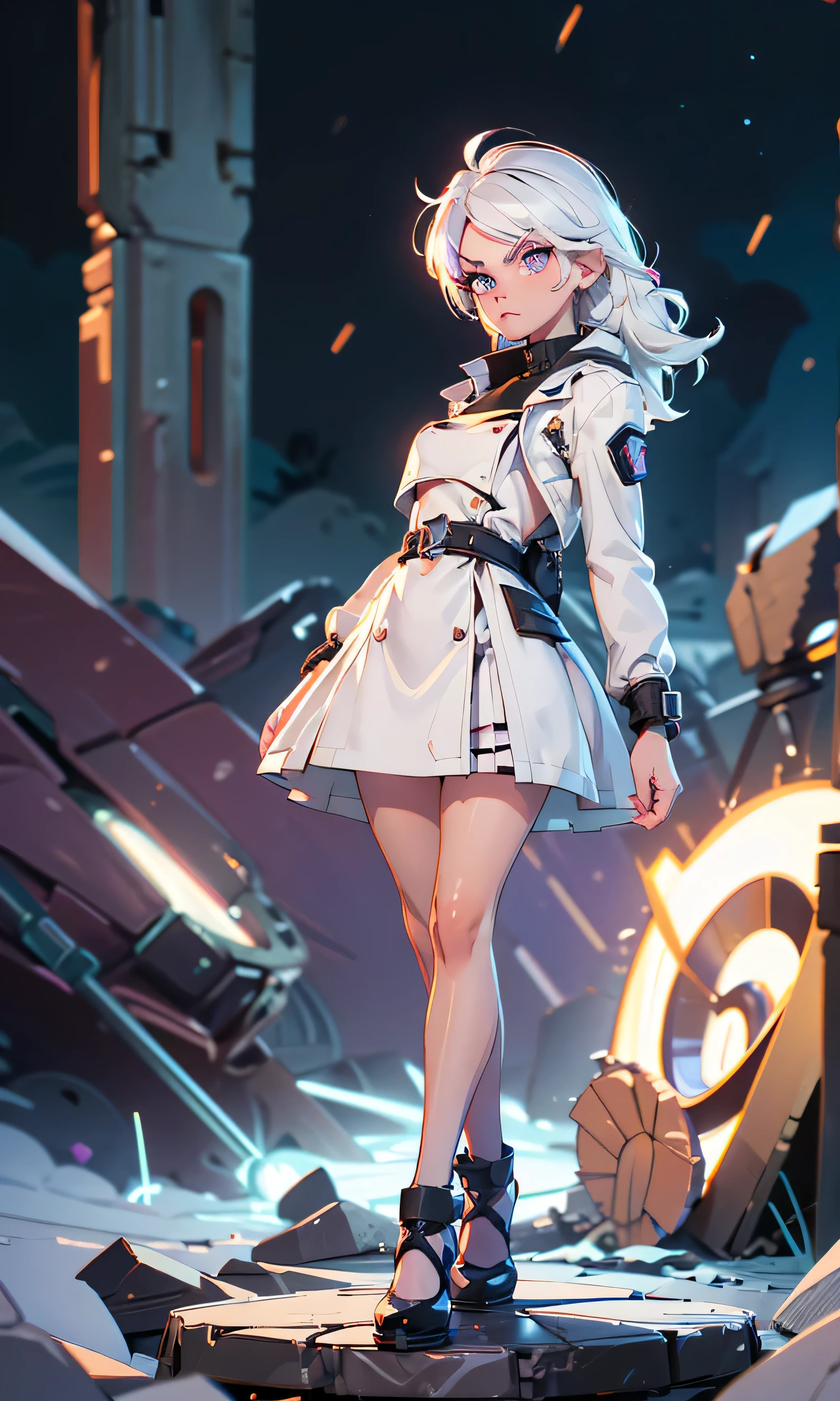  masterpiece,  a girl, beautiful, adolescent, s, slim, Chiquita, head on,  looking at the spectator ,  long hair ,  white hair, fringe,  purple eyes, annoyed,  arched eyebrows , cuerpo entero,  small tits ,  cute legs, abdomen plano,  very short dress , small white coat,  black shoes, (((desnuda))), in a ruined castle, rain, dark sky,