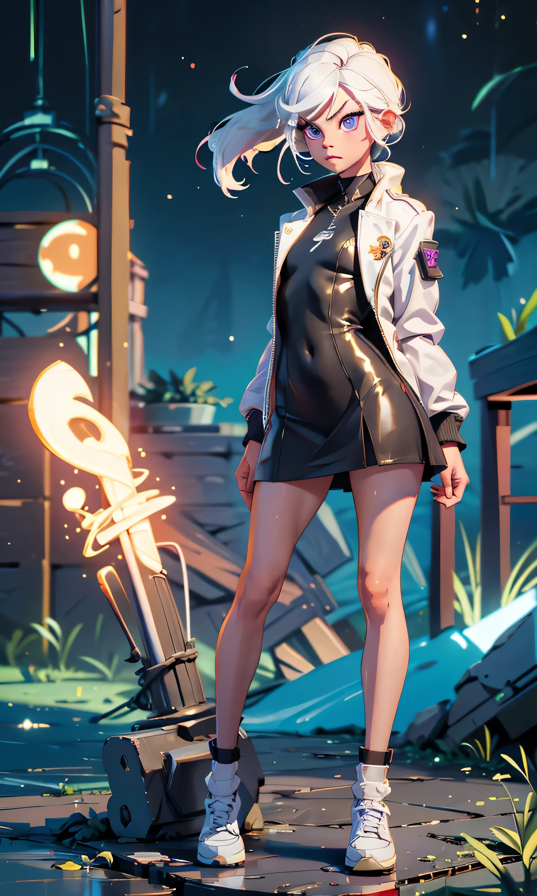 masterpiece, a girl, beautiful, adolescent, s, slim, Chiquita, head on, looking at the spectator , long hair , white hair, fringe, purple eyes, annoyed, arched eyebrows , cuerpo entero, small tits , cute legs, abdomen plano, very short dress , small white coat, black shoes, (((desnuda))), in a ruined castle, rain, dark sky,