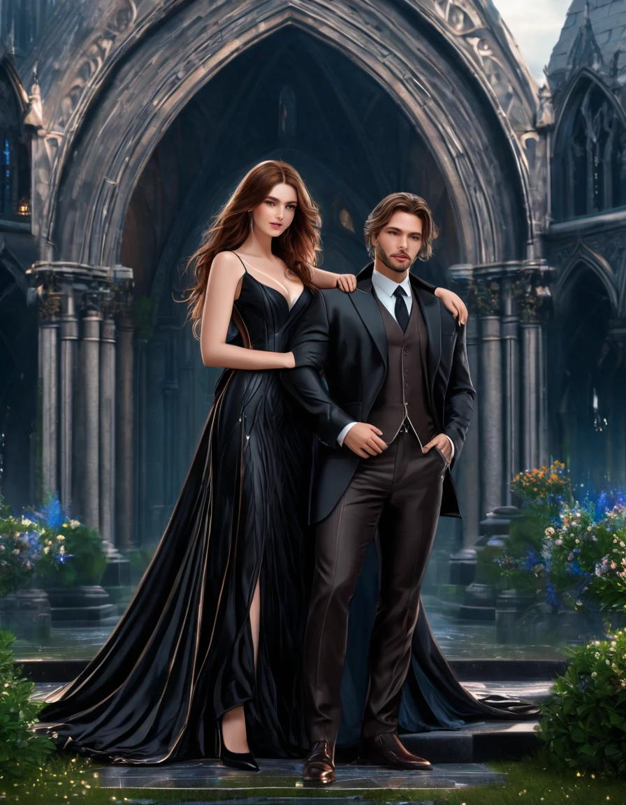 ,( 3D girl with blue eyes ,  brown long hair ,  in black modern fashionable long beautiful funeral dress leaning over the grave cries, tears running down my cheeks,)))  hugs ((Korean man with brown eyes and brown short hair)), in a black formal suit and a black silk shirt,  in the foreground is a large castle with a cemetery,  ecological gothic scene ,  3D rendering and oil painting , photorealistic dark concept art ,  highly realistic concept art,  3d matte painting rendering , gothic church background ,  highly detailed matte painting ,  cathedral background ,  game art matte painting ,  oil painting in high detail, hyperdetailed 3D matt painting , computer game scene ,wlop and andrei riabovitchev , charlie bowater и artgeem,  Edmund Blair and Charlie Bowter  , seductive cyberpunk dark fantasy,  High resolution commission , style of charlie bowater, Чарли Боуотер и Том Бэгшоу  realistic image , masterpiece,  artwork,  hyperrealistic, rendering ,  realistic physical rendering , hyper  realistic illustration,  realistic illustration, photorealistic detail  , hypper  realistic illustration, extreme realistic detail, photorealistic detail  ed picture, with unreal engine render concept art , ), Ultra-подробно and beautiful face,(  Gentle facial expression  :1.1), translucent white skin ,( realistic skin texture:1.1), , Bold design  , art design  ,красивый and подробно pattern,  detailed fabric texture , ((1 man, 1 girl)) ( romantic sensual scene for a novel  :1.1) ((подробно backgroun профессиональная величественная масляная  realistic image , masterpiece,  artwork,  hyperrealistic, rendering ,  realistic physical rendering ,  photorealistic rendering ,  highly detailed ,  high-quality render ,  architectural rendering ,  very realistic 3D render ,  realistic image ,