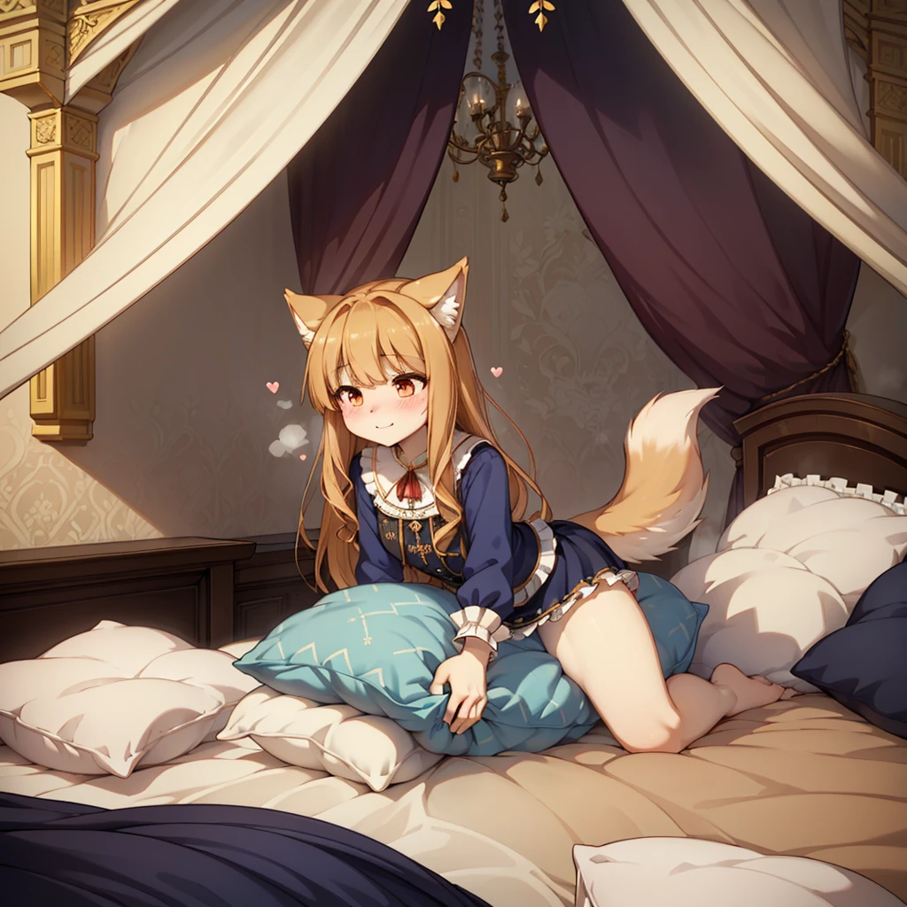 （masterpiece，best quality），mine, The Beast, , ( ））,  cute girl posing on pillow,，nature,, (blush),a smile，Pillow,（Lots of Pillow），Soft cushion，（canopy bed），（Pillow），Lots of Pillow，（Friction in the crotch），（（PillowCamel）），（A tail），（Around the protagonist），steam，（Pillow），（LuxuryPillow），（Palace Pillow Pattern Pillow），（palace），（Palace bedroom），（Gorgeous Pattern Pillow），Soft Pillow，，（Classical European style bedroom ），（excited，shy person，Lack of expressiveness，），pillow hump,，(Deluxe Rococo Canopy King Bed),Luxurious curtains with ornate ruffles and ribbons hang around the large bed.,((((The bed is piled with many Pillows)))),Quilt details,Detailed bed linen,Ruffled Bed Skirt,Deep Bed,Background with depth,((Pillow in detail)), ((((A Lot of Pillow))))，,，Detailed Soft Pillow,,((女孩正躺在许多Soft Pillow上,There are many Pillows around))，、、In a large canopy bed、Soft sheets and quilts、Colorful soft Pillow、Lots of Pillow、Soft toned bed、Ruffled curtains around the bed.。Delicate face，（Ornate pattern pillow），Soft pillow，，（ classical European style bedroom  ），，holo，wolf girl，，（more pillows)，，,,MASTURBATING WITH PILLOW,pillow humping, crotch rub,Exhale hot air，steam， Wolf and Spice