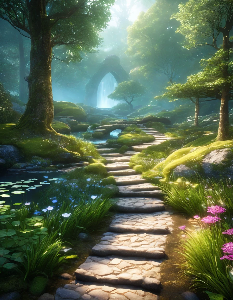 there is a stone path ,  leading to a small pond in the woods ,  realistic fantasy render ,  fantastic picturesque , atmospheric Fantasy setting,  beautiful image of a fairy tale ,  unreal fantasy art engine,  stunning fantasy 3d render ,  fantasy art landscape , impressive fantastic landscape ,  epic surreal fantasy landscape,  Beautiful landscape render ,  mystical fantastic landscape, Fantasy setting,  of the entrance to the ethereal world 