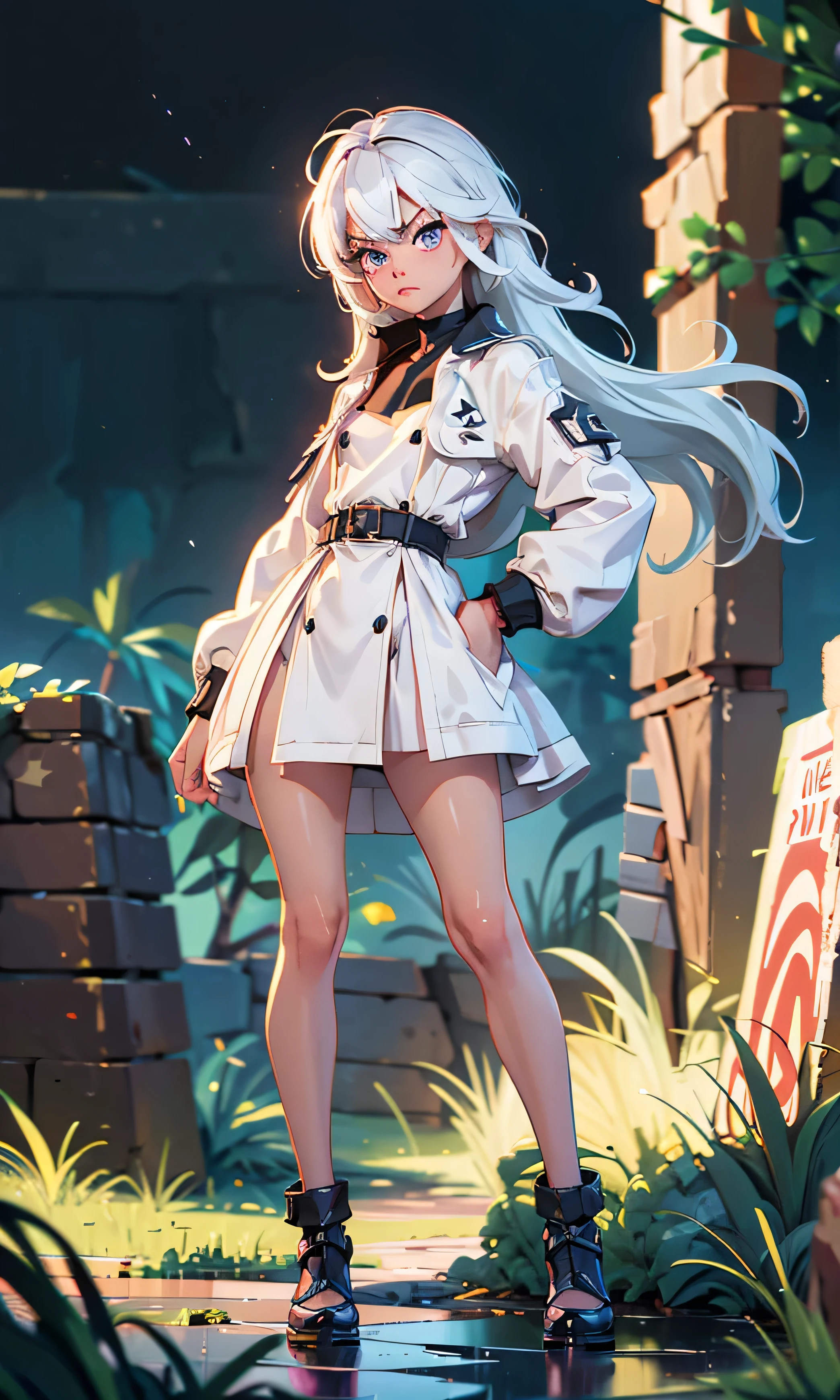 masterpiece, a girl, beautiful, adolescent, s, slim, Chiquita, head on, looking at the spectator , long hair , white hair, fringe, purple eyes, annoyed, arched eyebrows , cuerpo entero, small tits , cute legs, abdomen plano, very short dress , small white coat, black shoes, (((desnuda))), in a ruined castle, rain, dark sky,