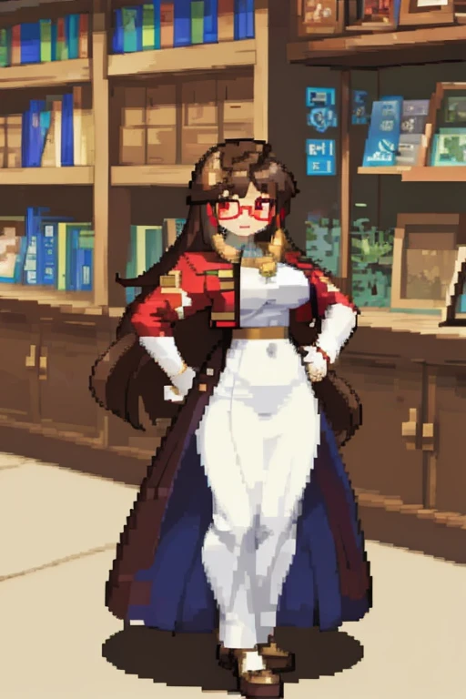  a woman with brown hair and red-colored glasses, wearing librarian clothes in a library from the 2000s .  with a full body.
