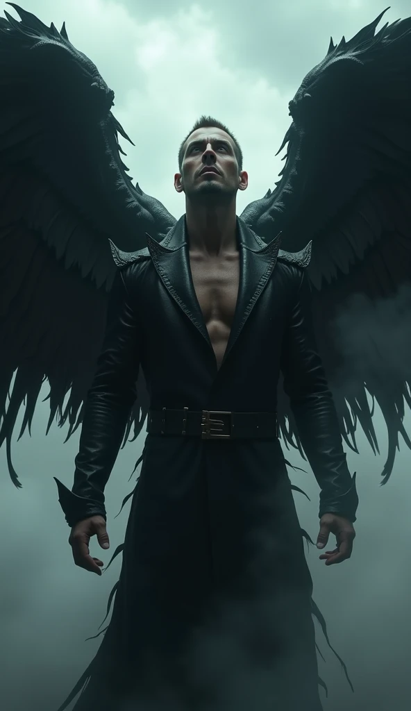 ((masterpiece)) ((4k resolution)) ((Whole body)) 30 year old man, Light brown hair, short hair, eyes the color of honey, bright Eyes, male face, three-day unshaven beard, intense and seductive look, with angel wings, black wings, muscled body, pectoral display, body hair, Black pants, necklace with an emerald pendant. scene: 1950s detective office.