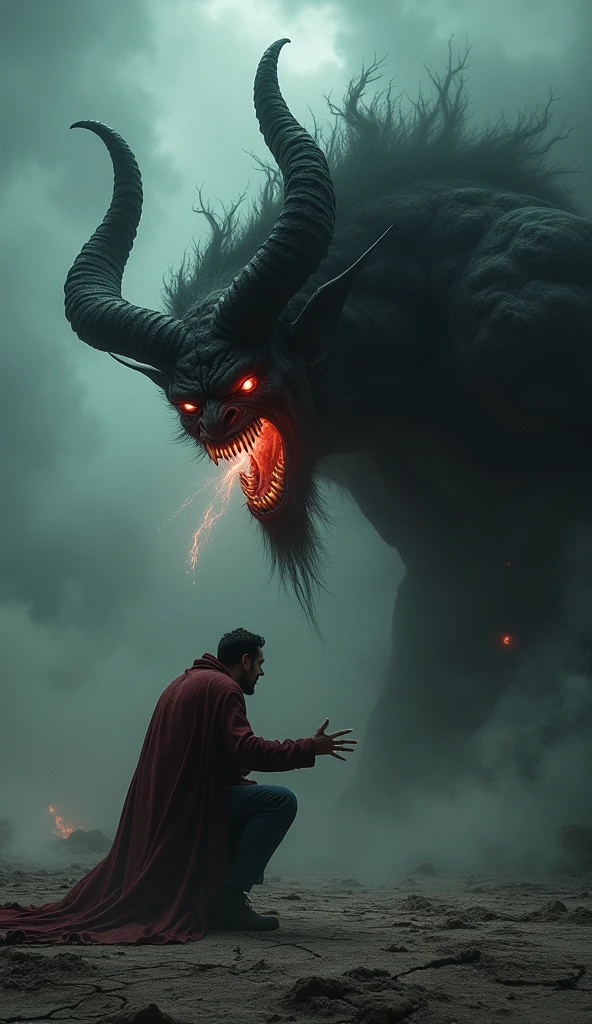 Create an illustration of a scary horned demon featuring an evil character whispering into the ear of an ancient Middle Eastern character against a backdrop of buildings covered in ink spots to symbolize chaos or internal conflict. 3d models, realistic and cinematic