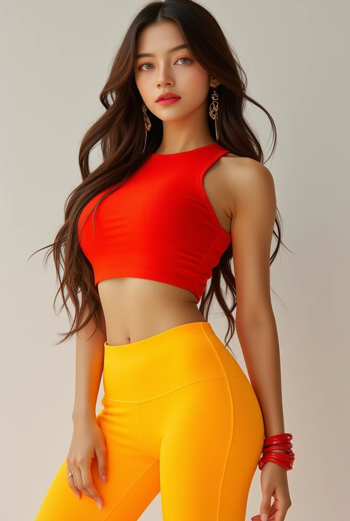 Full body realistic woman, wear normal yellow legi red top, light red lips, long brown hair, red bangles,