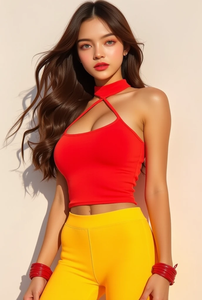 Full body realistic woman, wear normal yellow legi red top, light red lips, long brown hair, red bangles,