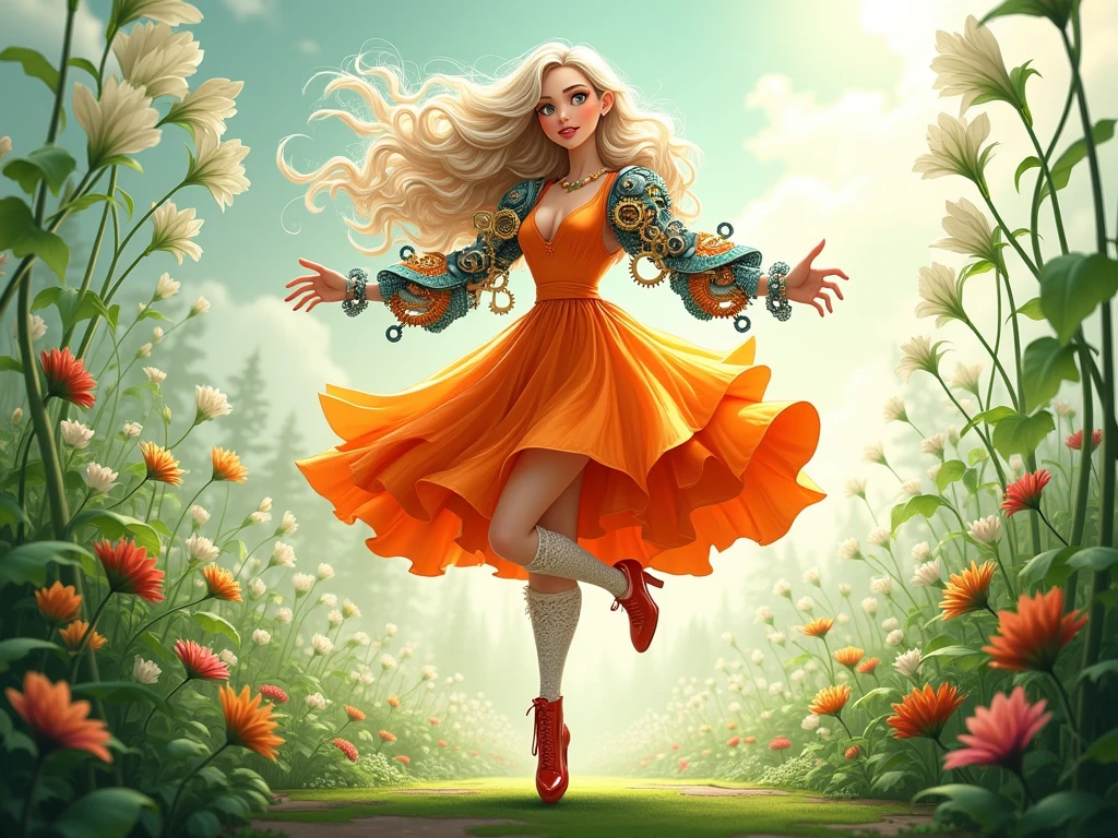 masterpiece, best quality, (extremely detailed CG unity 8k wallpaper), (best quality), (best illustration), (best shadow), A vibrant and whimsical illustration of a woman in a flowing orange dress, featuring intricate mechanical elements and gears integrated into her arms. Her long, voluminous hair is curly and light-colored, cascading down her back. She is running joyfully amidst a lush background of greenery, with blooming white flowers and swirling foliage that blend seamlessly into the scene. The woman wears stylish lace stockings and bold red high heels, embodying a blend of nature and steampunk aesthetics. The color palette includes soft greens, whites, and hints of orange, creating a dreamlike atmosphere.