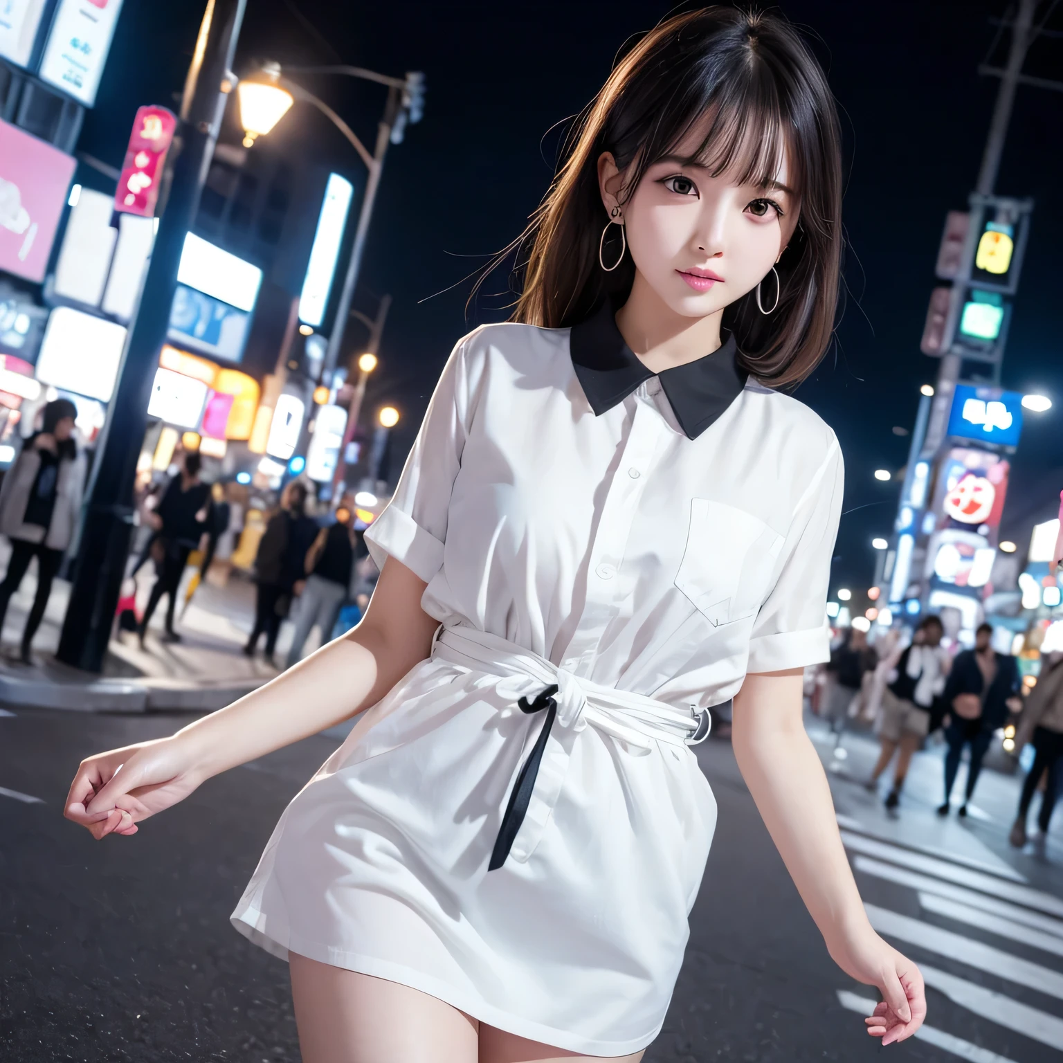 Araffe woman in white dress walking down a street at night - SeaArt AI