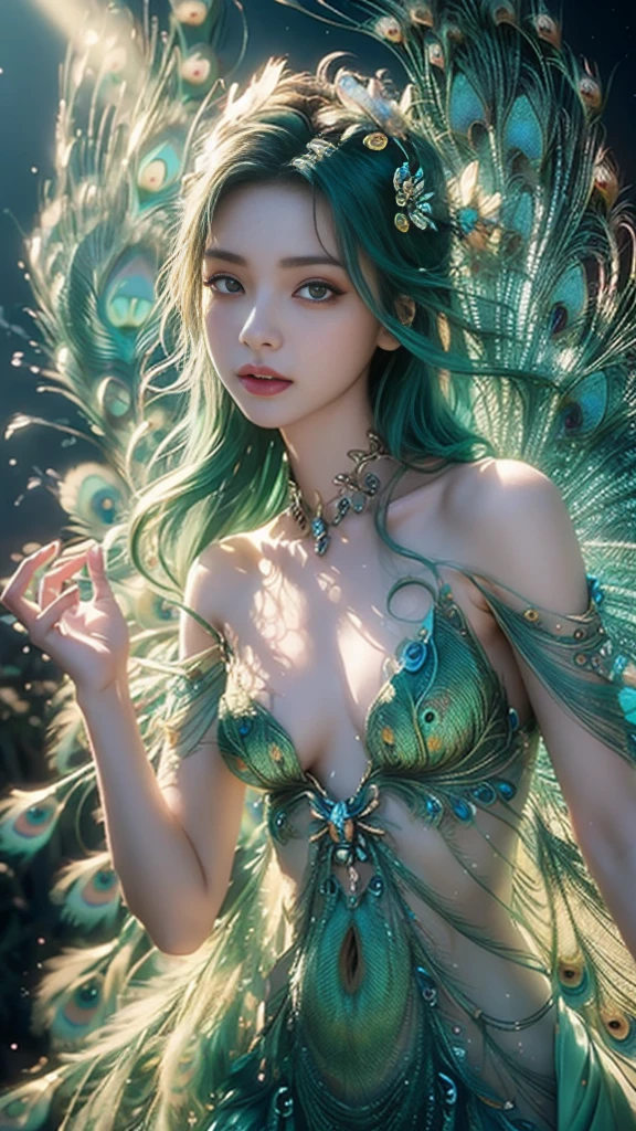 4K, UHD, masterpiece, 1 girl, ((good face)), detailed eyes, very long hair, ((small breasts)), ((peacock dress)), ((green dress)), ((strap dress)), ((green lace)), ((navel)), ((peacock wings)), ((ornaments)), butterfly, fantasy creative art, ultra detailed, details, ultimate details, amazing magnificence, in the beautiful dargen, birds, Pedaipan style, glowing light, bloom, ray tracing, ((upper body:1.4)),