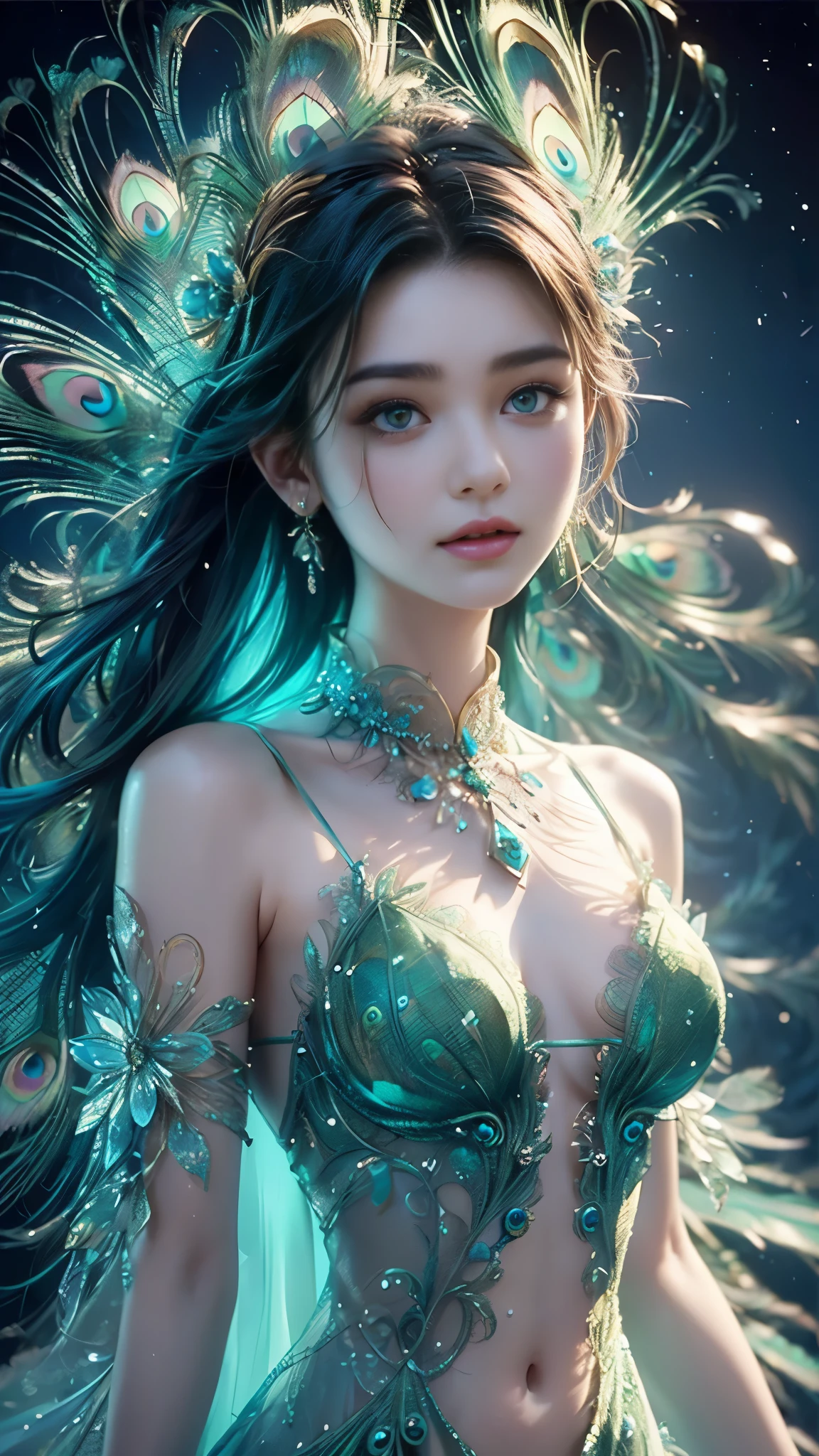 4K, UHD, masterpiece, 1 girl, ((good face)), detailed eyes, very long hair, ((small breasts)), ((peacock dress)), ((green dress)), ((strap dress)), ((green lace)), ((navel)), ((peacock wings)), ((ornaments)), butterfly, fantasy creative art, ultra detailed, details, ultimate details, amazing magnificence, in the beautiful dargen, birds, Pedaipan style, glowing light, bloom, ray tracing, ((upper body:1.4)),