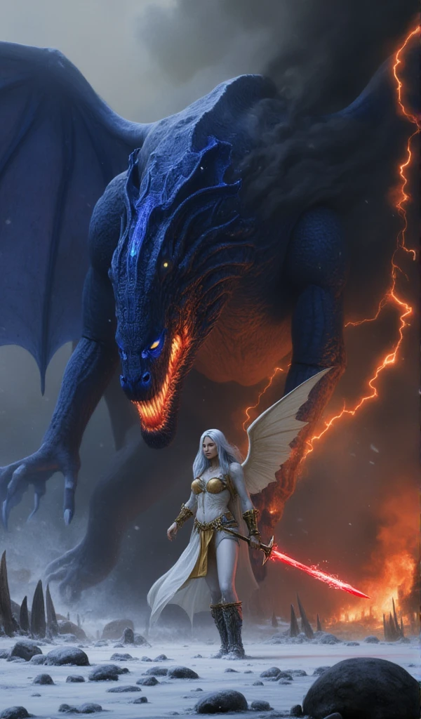 **Drawing Description (Third Verse):**  
The scene depicts an angelic warrior and her dragon standing side by side on a desolate battlefield, moments before an epic clash. The angel’s white-and-gold wings are partially spread, glowing faintly in the grim, ash-filled air. Her silver hair cascades down her shoulders, catching the flickering light of nearby flames. She grips her fiery red sword tightly, its blade blazing with an intense aura, casting crimson reflections on the snow-dusted ground beneath her feet. Her piercing eyes, alight with unyielding resolve, focus on the shadowy enemy forces gathering in the distance.  

The dragon, towering beside her, is a fearsome yet majestic figure. Its sapphire scales glint in the glow of distant fires, and its sharp, glowing eyes mirror the angel's determination. Trails of smoke rise from its nostrils, and faint blue embers flicker along its massive jaws. Its wings are partially unfurled, ready to take flight, while its claws dig into the snow, bracing for battle.  

The landscape is bleak, covered in snow tinged with ash, illuminated by a fiery sky torn by flashes of lightning. The tension in the air is palpable as the angel and dragon stand united—a breathtaking embodiment of courage, ready to defend their realm against overwhelming darkness.