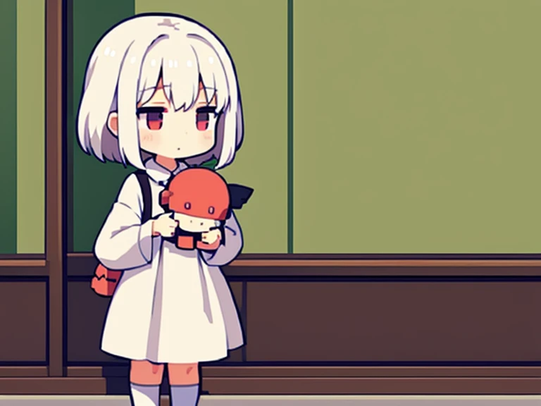 Cute shota girl with thick white hair, detailed body, dress, and carrying a doll 