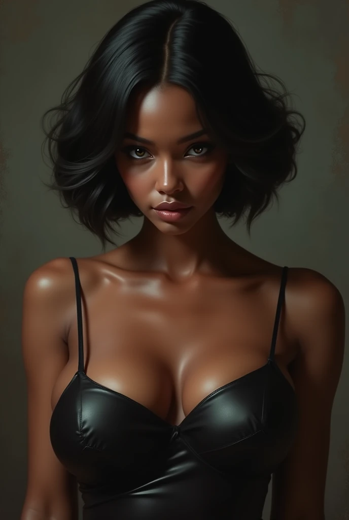 (masterpiece, best quality), NSFW, 1 girl, Dark Chocolate Brown Short spiky hair with high fade, size I to L breasts, Naked, no clothes, leaning back with arms outstretched.