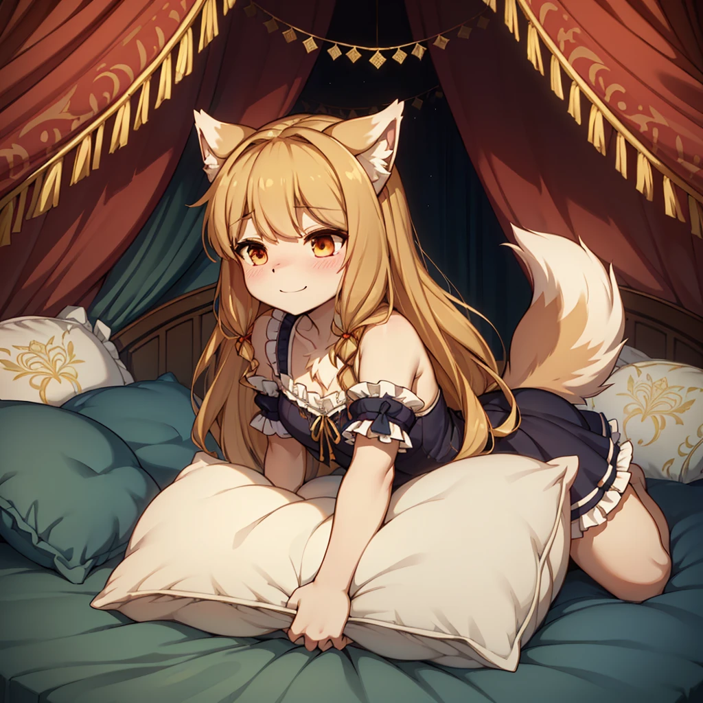 （masterpiece，best quality），mine, The Beast, , ( ））,  cute girl posing on pillow,，nature,, (blush),a smile，Pillow,（Lots of Pillow），Soft cushion，（canopy bed），（Pillow），Lots of Pillow，（Friction in the crotch），（（PillowCamel）），（A tail），（Around the protagonist），steam，（Pillow），（LuxuryPillow），（Palace Pillow Pattern Pillow），（palace），（Palace bedroom），（Gorgeous Pattern Pillow），Soft Pillow，，（Classical European style bedroom ），（excited，shy person，Lack of expressiveness，），pillow hump,，(Deluxe Rococo Canopy King Bed),Luxurious curtains with ornate ruffles and ribbons hang around the large bed.,((((The bed is piled with many Pillows)))),Quilt details,Detailed bed linen,Ruffled Bed Skirt,Deep Bed,Background with depth,((Pillow in detail)), ((((A Lot of Pillow))))，,，Detailed Soft Pillow,,((女孩正躺在许多Soft Pillow上,There are many Pillows around))，、、In a large canopy bed、Soft sheets and quilts、Colorful soft Pillow、Lots of Pillow、Soft toned bed、Ruffled curtains around the bed.。Delicate face，（Ornate pattern pillow），Soft pillow，，（ classical European style bedroom  ），，holo，wolf girl，，（more pillows)，，,,MASTURBATING WITH PILLOW,pillow humping, crotch rub,Exhale hot air，steam， Wolf and Spice