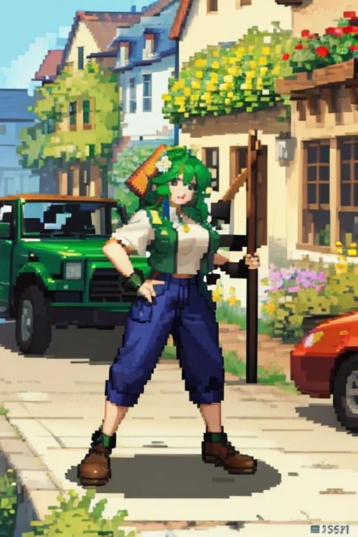 a woman with green hair, with gardener clothes in a flowery garden from the 2000s.  with a full body.
