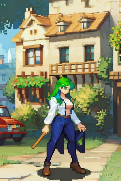 a woman with green hair, with gardener clothes in a flowery garden from the 2000s.  with a full body.
