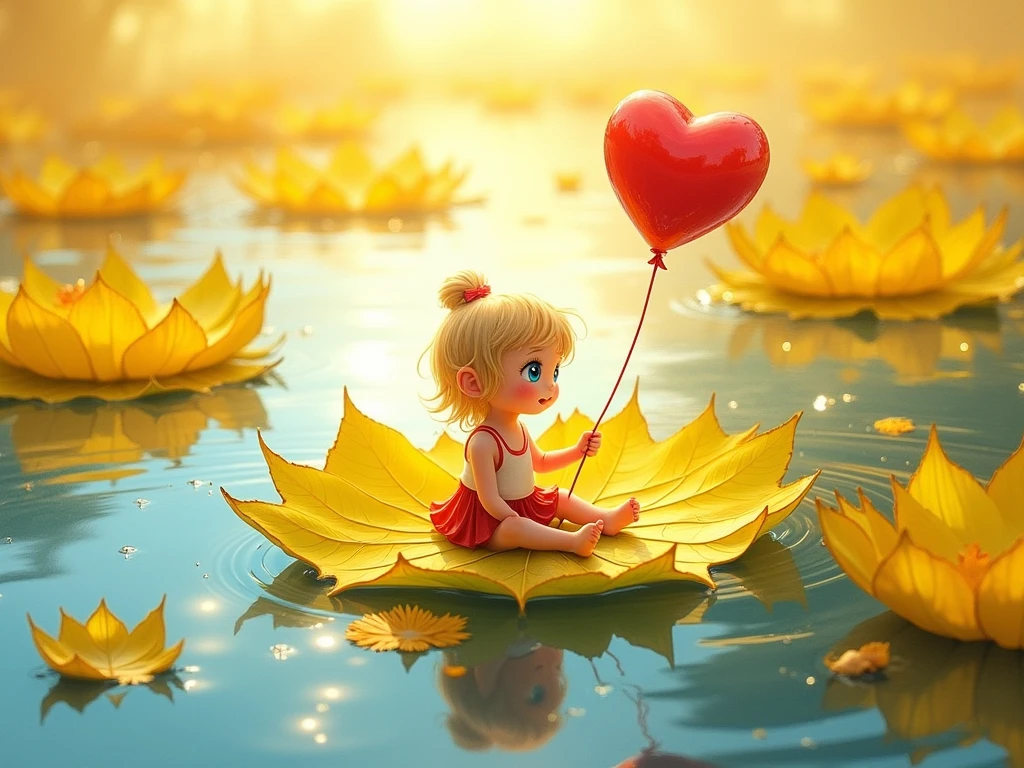 masterpiece, best quality, (extremely detailed CG unity 8k wallpaper), (best quality), (best illustration), (best shadow), *A luminous wet-on-wet watercolour artwork portrays a tranquil water scene where a vibrant yellow leafs float gracefully. Their fine veins and serrated edges catch the soft light, with tiny water droplets glistening on its surface. At the centre of the largest leaf sits a sweet little blonde girl, her delicate figure framed by the golden hue. She holds a bright red heart-shaped balloon, her wide blue eyes filled with curiosity and a trace of apprehension as she gazes around, trying to understand her surroundings. Her soft features radiate innocence, with a faintly concerned expression that adds depth to her wonder. Gentle ripples on the water reflect shimmering sunlight, blending vivid colours into a peaceful, dreamlike setting.
*A slightly high angle shot, that adds depth and motion, focusing on the subject while subtly revealing the surrounding environment for a dynamic perspective. It is inspired by the whimsical storytelling of Beatrix Potter, the serene fantasy of Hayao Miyazaki, and the tender innocence captured in Yoshitomo Nara’s works.