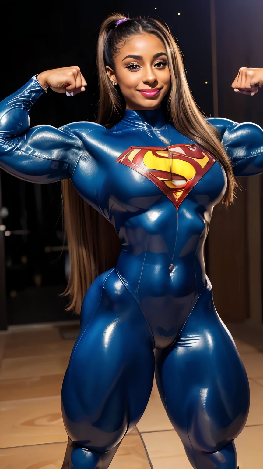 (((SKINTIGHT GLOSSY ZENTAI CATSUIT BODYSUIT))) nijistyle, Cowboy shot of beautiful woman in Superman costume, Long Blonde Hair, Heroic, Glowing blue eyes, Cape, Particle, Red boots, Sexy Pose, large udder, nigh sky, Countless stars, Raise one hand, flying pose, ifbb pro bodybuilder, beautiful makeup and long lashes, tattoos, wearing a sinfully tight revealing dress, high heels, extremely long brown hair with blonde streaks, huge cleavage, ultra high detail, bodybuilding stage detail, photo quality, beautiful girl, best quality, ultra-detailed, masterpiece, finely detail, realistic skin texture, 85 mm art lens, f 1.2, sharp focus, 8 k high definition, insanely detailed, intricate, shallow depth of field, sharp focus on the subject, well balanced exposition. detailed face, 35mm lens, (lipstick) gorgeous girl, smile, sexy, dark skin, jacked VASCULAR POWERFUL body, various poses. sharp focus,A beautiful youthful looking American version of Ariana Grande as a 20 years old girl with long hair with a ponytail. American inspired superhero wearing her costume suit witch looks like a comic superhero suit. she is smiling for the camera (massive muscles:1.2), (best quality:1.4), highly detailed illustrations, ((1 Girl)) , ((veins bulging:1.4)) official art, unity 8k wallpaper, ultra detailed, beautiful and aesthetic,(huge arms:1.9) best quality, (SUPER STRONG:1.1) , intricate detail,((bulking:1.9)),(MASSIVE round SHOULDERS:1.9,(pro body builder:1.9), muscular, PECS, sexy, 6 abs, (bigger muscles than superman:1.1) (((CAMELTOE)))