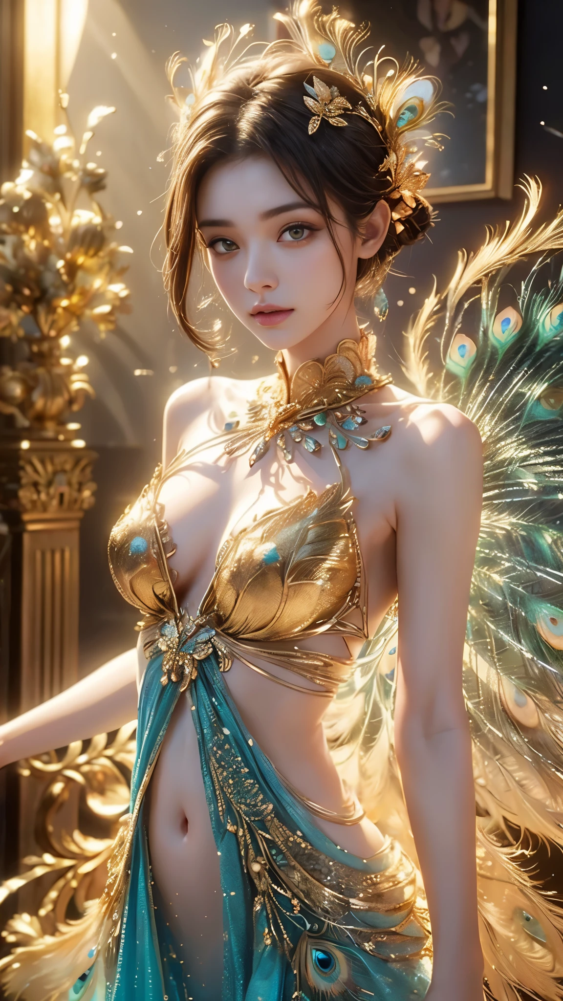 4K, UHD, masterpiece, 1 girl, ((good face)), detailed eyes, very long hair, ((small breasts)), ((peacock dress)), ((golden dress)), ((strap dress)), ((Golden lace)), ((navel)), ((peacock wings)), ((ornaments)), butterfly, fantasy creative art, ultra detailed, details, ultimate details, amazing magnificence, in the beautiful dargen, birds, Pedaipan style, glowing light, bloom, ray tracing, ((upper body:1.4)),