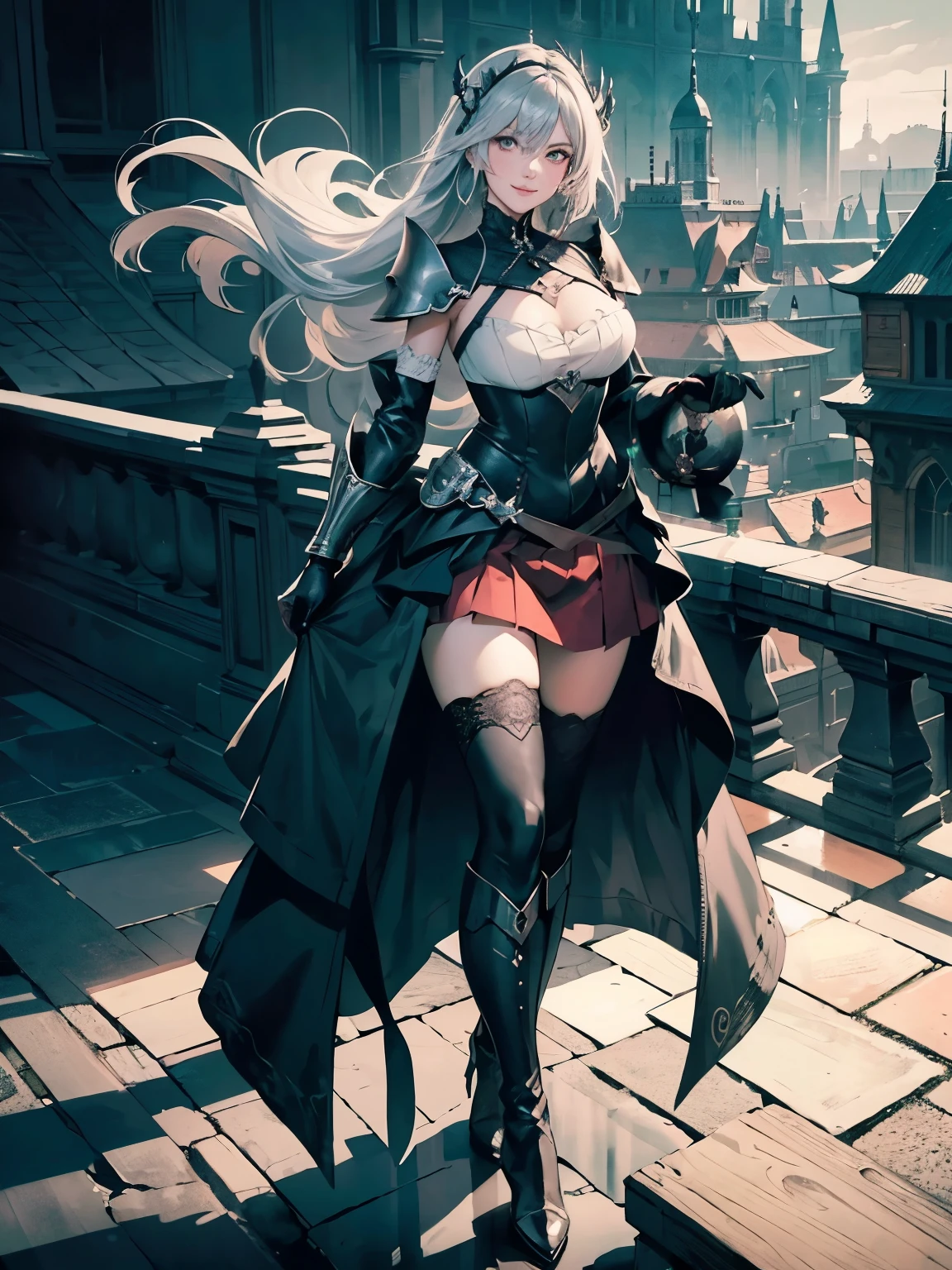 masterpiece, accurate, high quality, super detail, best quality, 8k, ((wearing black leather gloves on hands)), dark-red traditional flared skirt, An illustration for light novels with fine lines and medium saturation. A refined Kaihime-like woman stands on a rooftop looking at the dawn sky, (smiling faintly) She wears a gothic-style dress in charcoal with pale pink and silver accents, charcoal stockings, leather boots, and long silver gloves with charcoal fingertips., cinematic lighting, chiaroscuro, masterpiece, accurate, high quality, super detail, best quality, ultra-detailed, (looking at viewer), wearing white elegant blouse, well-proportioned body shape, ultra-detailed, carrying a black huge  shield 